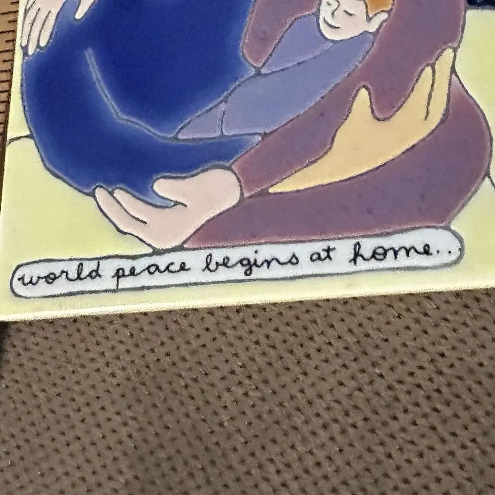 World Peace Begins At Home Wedding Love Ceramic Tile Family Baby Handmade signed